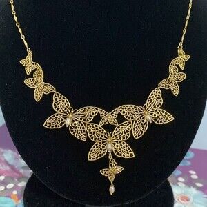 Vintage Gold Tone Over Sterling Silver Butterfly Pearl Necklace